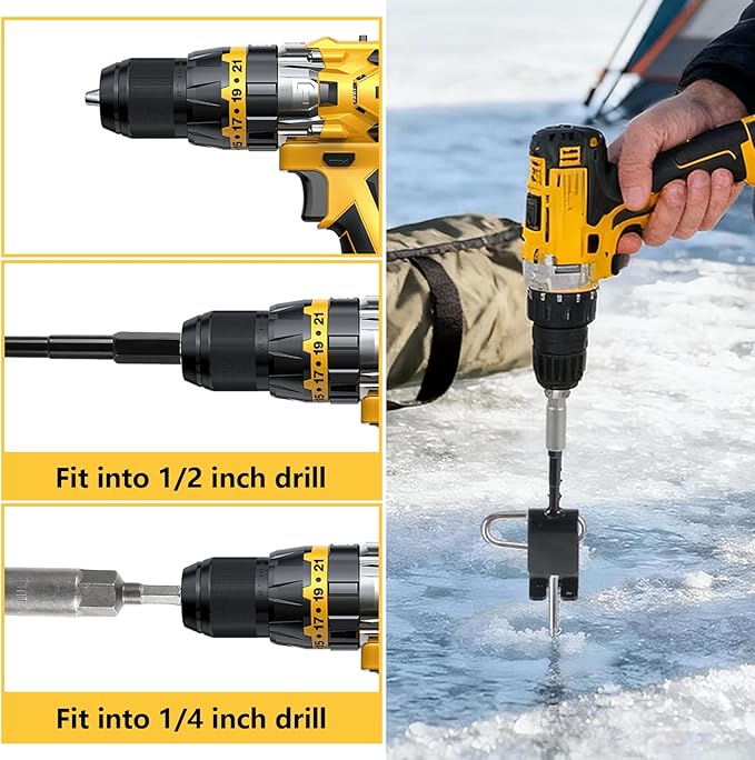 Heavy Duty Ice Anchor Drill Adapter Tool Kit 19Pcs Stainless Steel Tent Stakes Set with 13FT Ratchet Ropes Tent Hooks Canvas Bag for Ice Fishing Shelter Setup (8Pcs Tent Stakes+6Pcs Rope Roller)