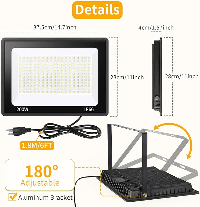 200W LED Flood Light Outdoor with 6ft Plug 24000LM Brighter Exterior Security Lights 5000K Daylight LED Work Light IP66 Waterproof for Yard Garage Stadium Lawn 2 Pack