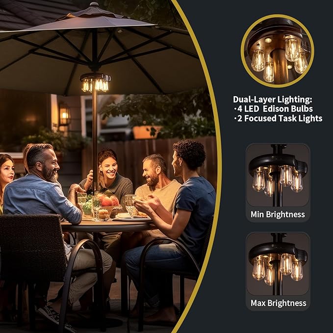 Patio Umbrella Light with Remote Control Rechargeable Cordless LED Edison Bulbs Pole Light with 10 Brightness Levels for Garden Patio Backyard Camping or BBQ - Brown (2 Pack)