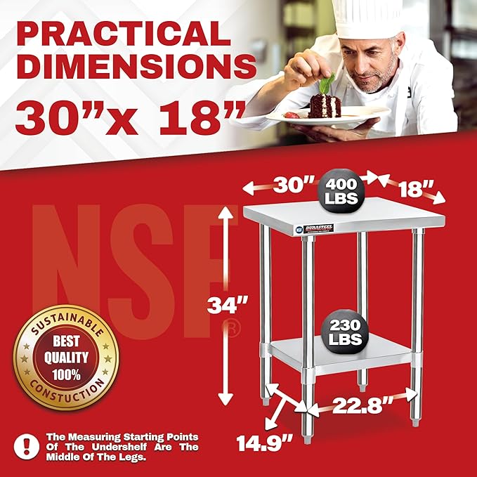 DuraSteel 30x18 Small Stainless Steel Table - NSF Commercial Kitchen Island Food Prep Worktable - Metal Side Mixer Stand with Under Shelf - For Laundry Room Kitchen Outdoor Grill Tiny Spaces