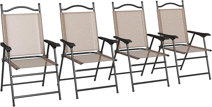 Folding Patio Chairs Set of 4 Sports Chairs for Adults Camping Chairs with Armrests Breathable Mesh Fabric Seat for Lawn Brown