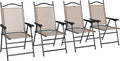 Folding Patio Chairs Set of 4 Sports Chairs for Adults Camping Chairs with Armrests Breathable Mesh Fabric Seat for Lawn Brown