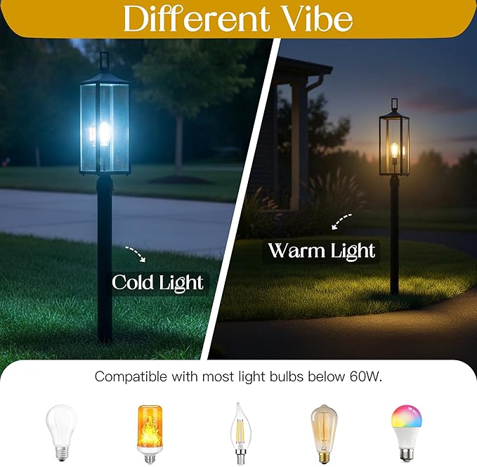 25.6” Hardwired Outdoor Post Lamp for Residential Sidewalk Lamp Post Outdoor Lighting for Exterior Gate Post Pier Mount Lights Large Size Steel and Glass 25.6inch Exterior Pillar Lantern E26