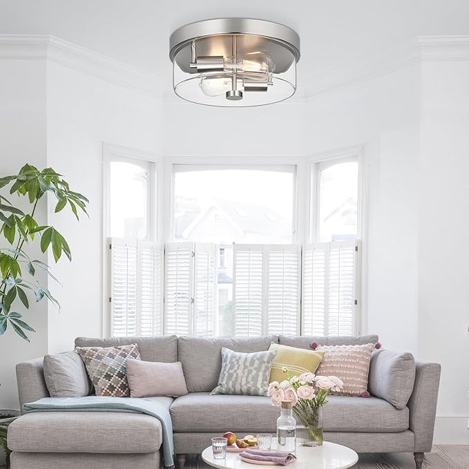 Flush Mount Ceiling Light Fixtures 2-Light 12 Inch Brushed Nickel Close to Ceiling Light Fixtures with Clear Glass Shade Ceiling Light Fixture for Porch Hallway Bathroom Dining Room and