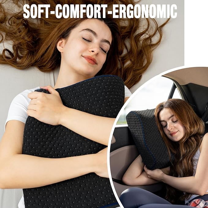 Travel &amp Camping Comfortable Memory Foam Pillow – Easy to Carry Portable Bag – Temperature Regulating Pillow Case - Perfect for Travelling (Black Contour)