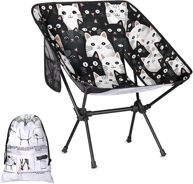 Honeybaby Folding Camping Chair Fancy Cat Pattern Camping Chairs Lightweight Portable Chair Outdoor Foldable Chairs for Camping Travel Picnic Beach Hiking