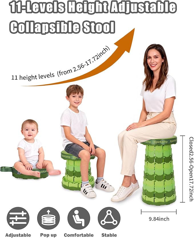 Folding Collapsible Stool Upgraded Lightweight Portable Seat for Adults Telescoping Foldable Stools with Capacity 400lbs for Camping Backpack Fishing Outdoor/Indoor (LightGreen 1Pack)
