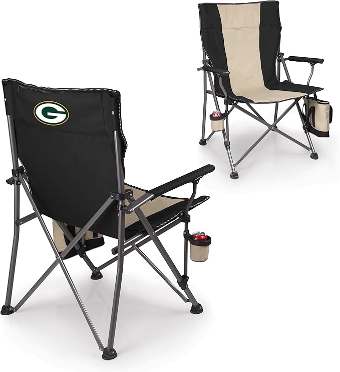 Picnic TIME NFL Green Bay Packers Big Bear XXL Camp Chair with Cooler Heavy Duty Beach Chair 500 lb Capacity Camping Chair with Carry Bag (Black)
