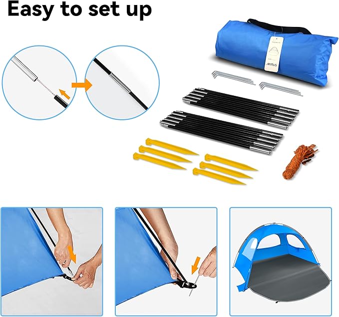 MIRUS Beach Tent 2-3 Person Sun Shade Shelter with UPF50+ Protection Extended Floor &amp 3 Ventilating Roll Up Windows Carrying Bag Stakes and Tiedown Strings | Extended Floor Carrying Bag Stakes