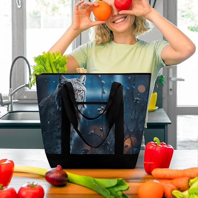 Insulated Shopping BagLarge Reusable Cooler Bags Female Lynx Printed Foldable Shopping BagTravel Waterproof Shoulder Bag