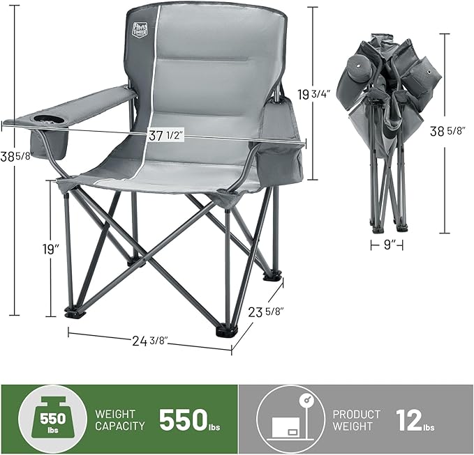 TIMBER RIDGE Oversized Folding Camping Chair for Adults Support 550 LBS Heavy Duty with Cup Holder Side Pocket for Camping Lawn Picnic Grey