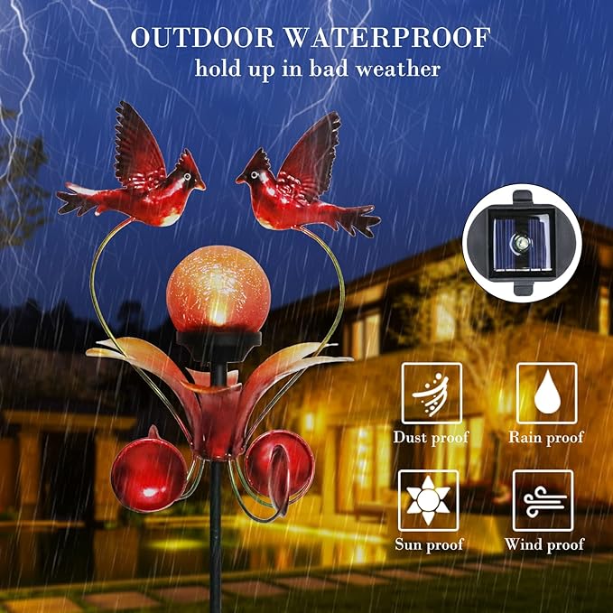 VCUTEKA Cardinal Solar Lights Outdoor Metal Garden Stake Waterproof Crackle Glass Globe Garden Decor Cardinal for Pathway Lawn Patio Yard