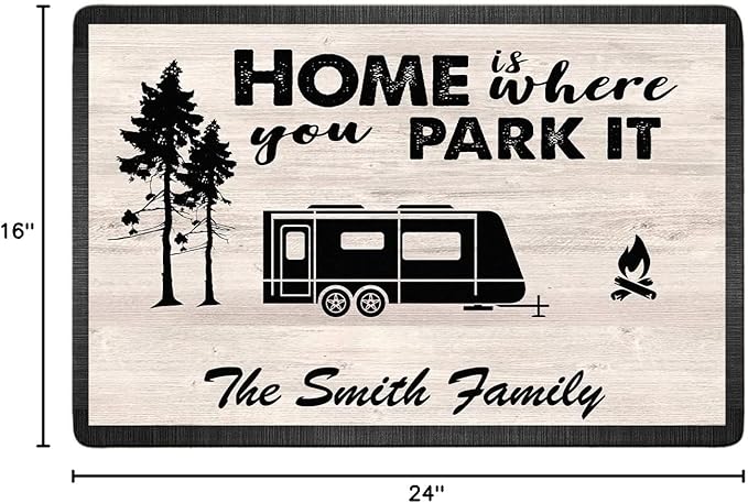 Personalized Campsite Doormat - Home is Where You Park It - Custom Family Name Camping Door Mat RV Accessories for Inside Outside Funny Campsite Rugs Decorations for Travel Trailers 16 x 24 inches