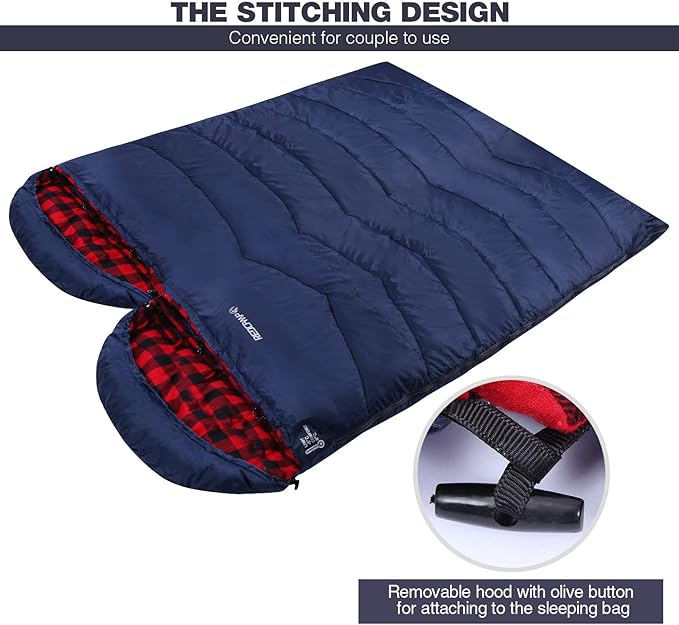REDCAMP Flannel Sleeping Bag for Adults Comfortable Cotton Sleeping Bags for Camping with Detachable Hood Red/Grey/Blue/Black