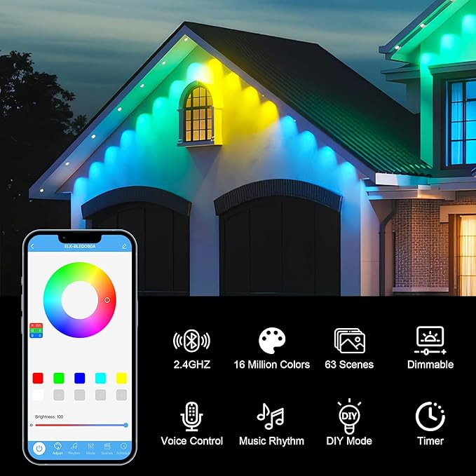 247FT 90LEDs Permanent Outdoor Lights IP67 Waterproof Easy Install Under Eave Lighting with Remote for ChristmasHouse Party