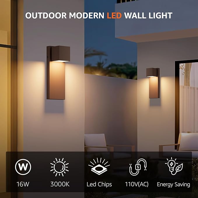 2 Pack 13 Modern Outdoor Led Wall Light16W 3000K 1200Lumen Porch &amp Patio Hardwired Wall Mount Wall SconcesExterior IP65 Waterproof Aluminum Wall Lamp for Front Door Garage Garden(Rust)