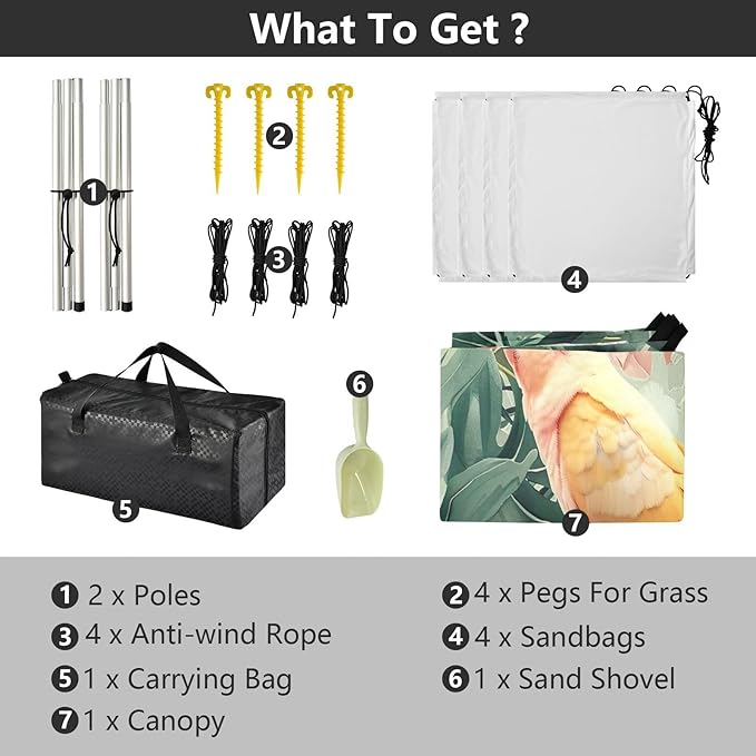 Cockatiels with Flowers Beach Tent Sun Shelter 9.2' x 10.5' Beach Canopy with 4 Sandbags 4 Stability Poles Sand Shovels - Tent Canopy for Beach Camping Fishing Picnics