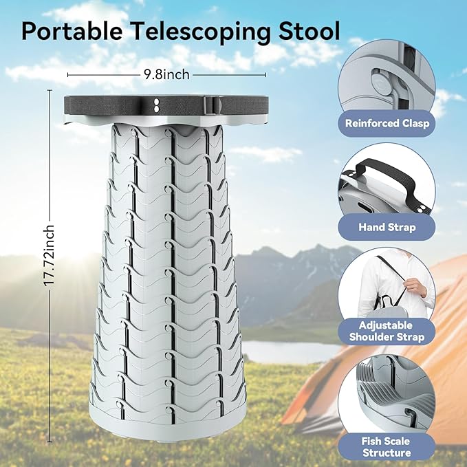 Upgraded Collapsible Stool Portable Folding Stool Telescoping Camping Stool with Max Load Capacity 485lbs Square Retractable Seat for Camping Gardening Fishing Hiking BBQ [Cyan]