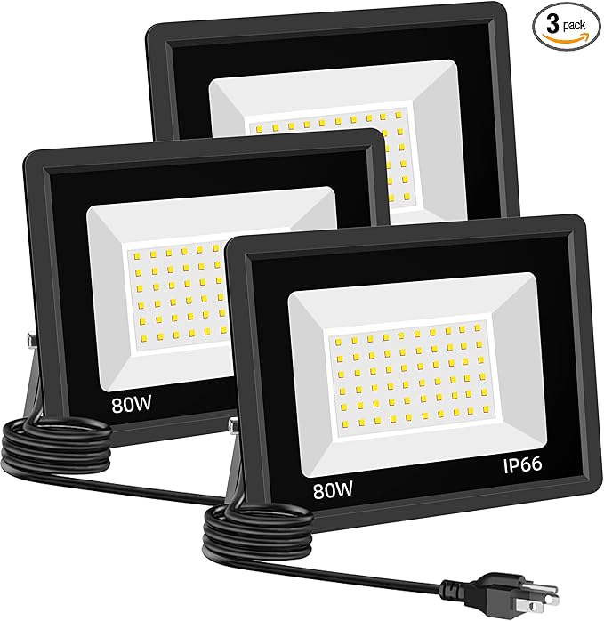 3 Pack 80W LED Warm White Floodlight 3000K Outside Flood Light with Plug Ultra Bright 10400LM Outdoor Security Lights IP66 Waterproof Flood Lights for Yard Garden Lawn Patio