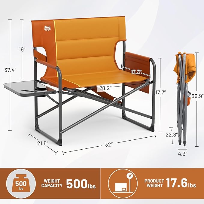 TIMBER RIDGE XXL Director’s Chair – Heavy Duty Folding Chair with Side Table 500 lb Capacity Extra Wide Padded Seat for Camping Sports Beach Patio and Outdoor Use Orange-2 Pack