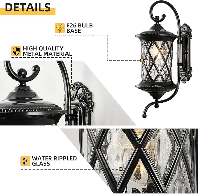 Retro Large Outdoor Wall Lanterns 24 Exterior Light Fixtures Coach Light Waterproof Aluminium with Water Glass Outside Wall Lamps for House Front Door Garage Porch Lighting Black