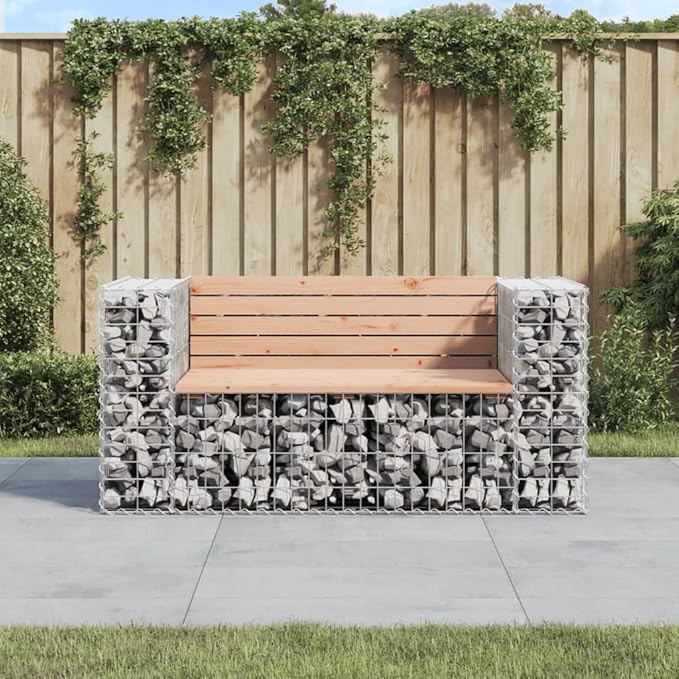 vidaXL Patio Bench with Gabion Design - Solid Douglas Wood Galvanized Steel Base Space-Saving Farmhouse Style for Garden and Backyard