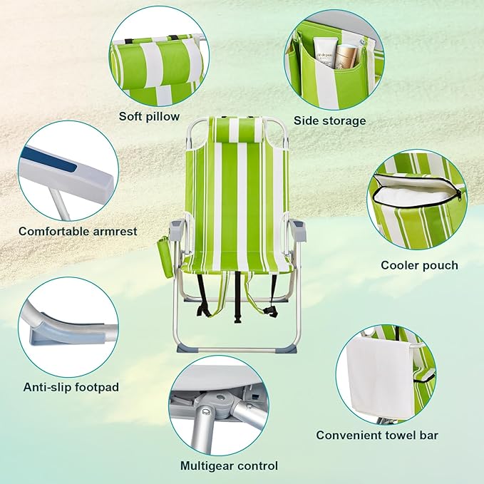 Tall Beach ChairFolding Tall Backpack Beach Chair with 5 PositionsLightweight Beach Camping Chairs with Cooler BagCup HoldersTowel BarPortable Lawn Chair for Adults (Green Stripes)