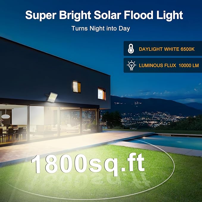 100W Solar Lights Outdoor 10000LM LED Automatic Light with 10000mAh Battery IP65 Waterproof Outside Solar Powered Security Flood Light and 8.2ft Cable with Remote Control for Pathway Patio &amp Yar