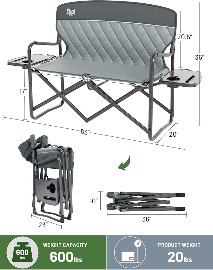 TIMBER RIDGE Double Camping Chair Portable Loveseat Heavy Duty Folding Camp Couch 2 Person Director Chairs with Cup Holder for Outdoor Lawn Tailgates Picnic Sports Soccer Games Supports 600 lbs Grey