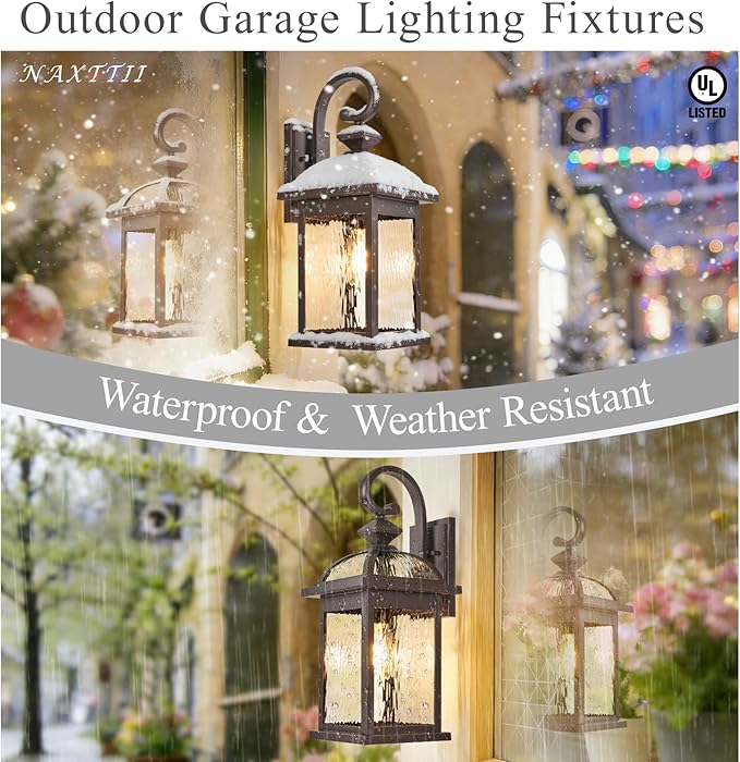 2 Pack Porch Lights Outdoor Waterproof Outside Lights for House ORB Finish 15 Inch Wall Light Fixtures with Water Ripple Glass E26 Socket