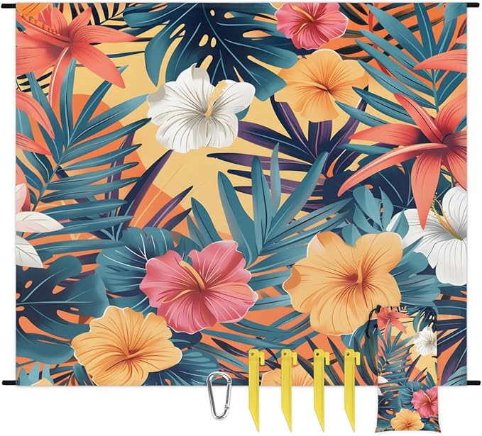 Waterproof Sandproof Beach Blanket 59''×68'' Palm Coconut Flower Polyester Outdoor Picnic Blanket with 4 Stakes &amp Storage Bag for BeachCampingVacation Yellow