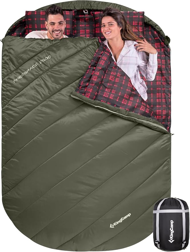 KingCamp Double Sleeping Bag for Adults Queen Size 2 Person XXL Flannel Sleeping Bag Waterproof Lightweight Flannel Quilt with 2 Pillows Perfect for Couples Family Camping Hiking