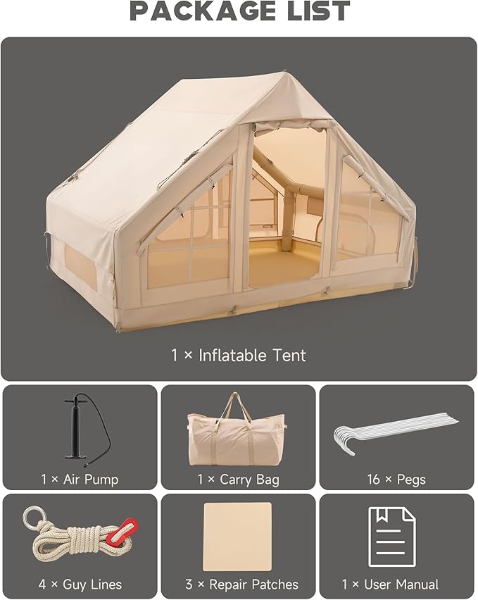 Dartmoor Inflatable Camping Tent 4-6 Person Air Glamping Tent with Pump Waterproof Blow Up Tent for Outdoor 4 Season Easy Setup Dual Doors Windows