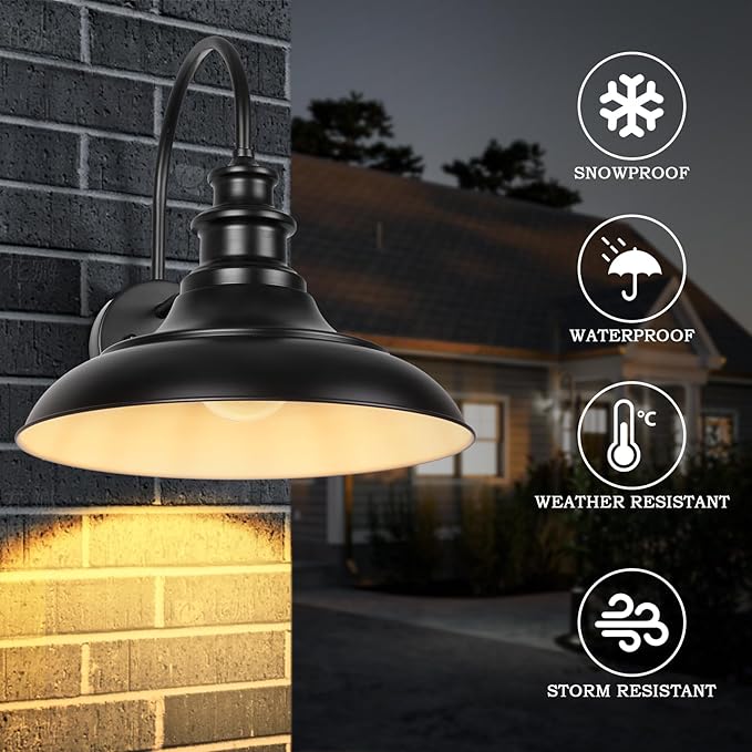 Dusk to Dawn Sensor Outdoor Barn Light Fixtures 12.3 Inch Dome Farmhouse Outdoor Wall Sconces Exterior Wall Mount Lights Industrial Black White Wall Lanterns for Porch DDRZ004-4 BK+WH