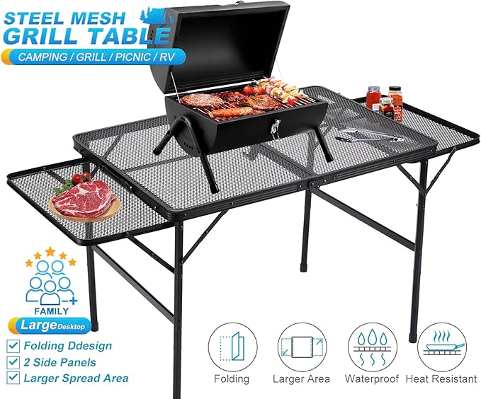 Large Folding Camping Table - Metal Mesh Grill Table with 2 Wing Panels | 2 Adjustable Heights | Large Picnic &amp Outdoor Table | Expandable Shelves Lightweight (4.4 FT Black)