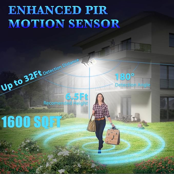 Solar Lights Outdoor Motion Sensor - 400% Brighter 7000K 3000LM 5 Levels Brightness 3 Lighting Modes 2400mAh 360° Wide Angle Illumination IP65 Waterproof Solar Flood Lights
