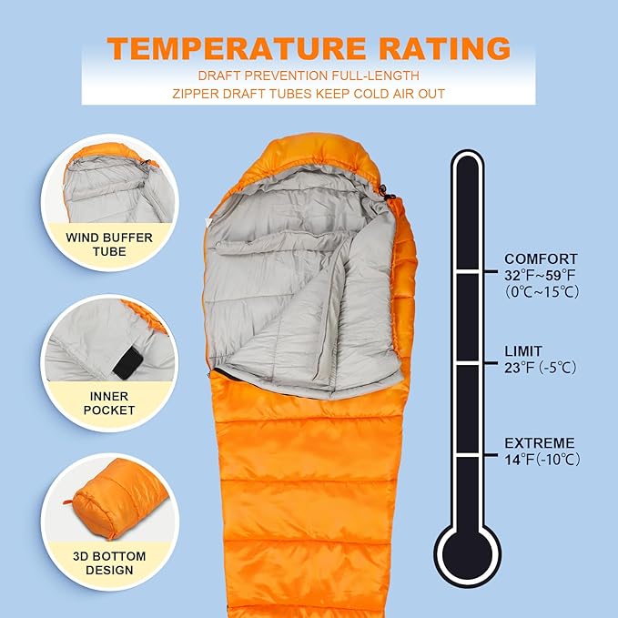 Northroad Mummy Sleeping Bag 14-59 ℉ 3-4 Season Warm &amp Cool Weather Summer Spring Fall Lightweight Washable Sleeping Bag for Outdoor Camping Hiking Travel Hunting
