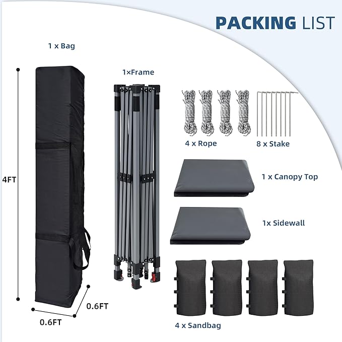 10x10 Outdoor Folding Canopy Tent with 1 Sidewall Easy Up Outdoor Shelter with One Person Set Up Center Lock Portable Patio Screen Tent for Camping Party Beach and Picnic Grey