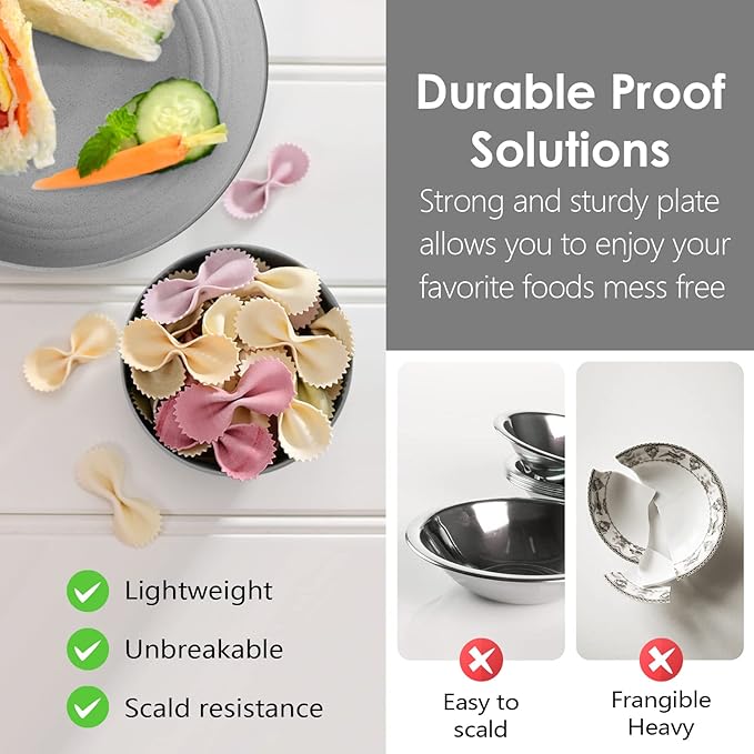 Teivio 32-Piece Kitchen Plastic Wheat Straw Dinnerware Set Service for 8 Dinner Plates Dessert Plate Cereal Bowls Cups Unbreakable Colorful Plastic Outdoor Camping Dishes Grey