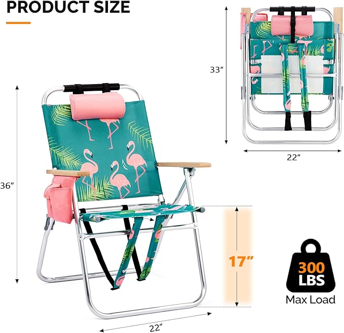 Bonnlo Lightweught 17 Backpack Beach Chair Tall Beach Chairs for Adults Portable with Adjustable Straps 3-Position Reclining Cup Holder High Beach Chairs for Beach