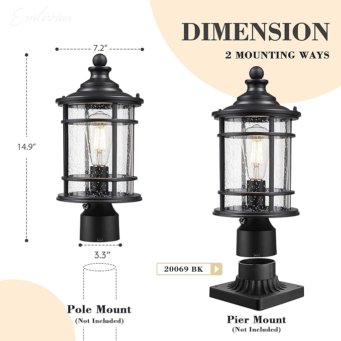 Emliviar 14.9 Inch Dusk to Dawn Outdoor Lamp Post Light Black Pole Light Fixture with Photocell Sensor Outdoor Post Lantern with Seeded Glass Shade XE229P PC BK
