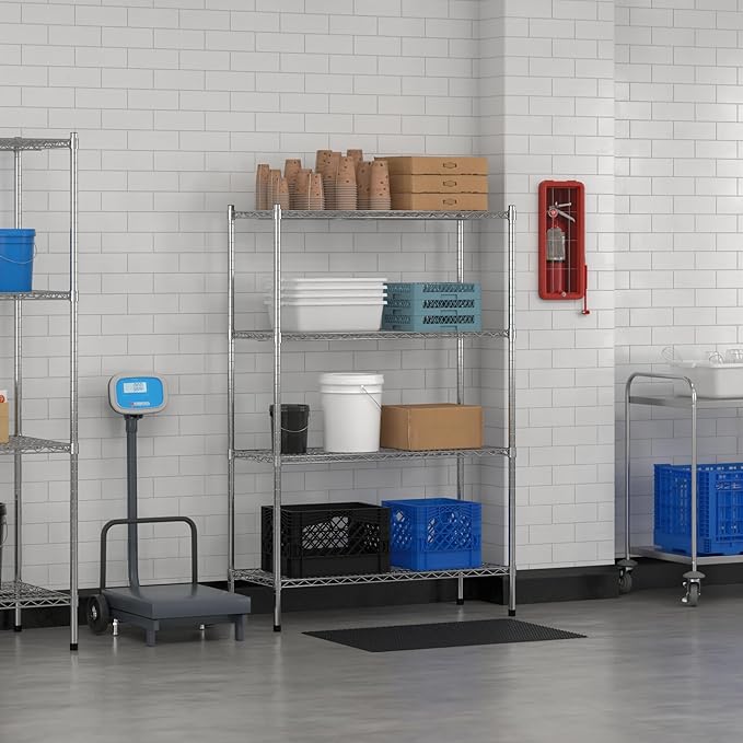 Commercial NSF Listed Chrome Stationary Wire Shelving Kit 18 x 42 x 64 with 4 Shelves Perfect for Warehouse Walk-in Refrigerator Freezer Grocery Store Restaurant Dishroom
