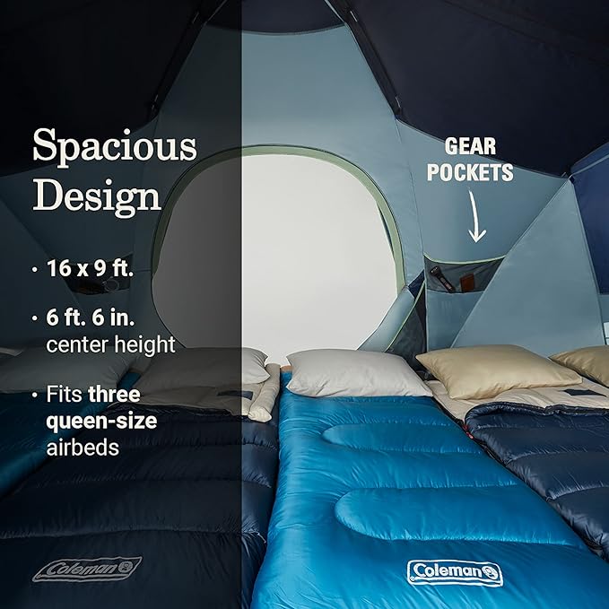 Coleman 4/6/8/10 Person Skydome Dark Room Tent with Rainfly 5 Minute Setup Blocks 90% of Sunlight 20% More Headroom Than Traditional Tents