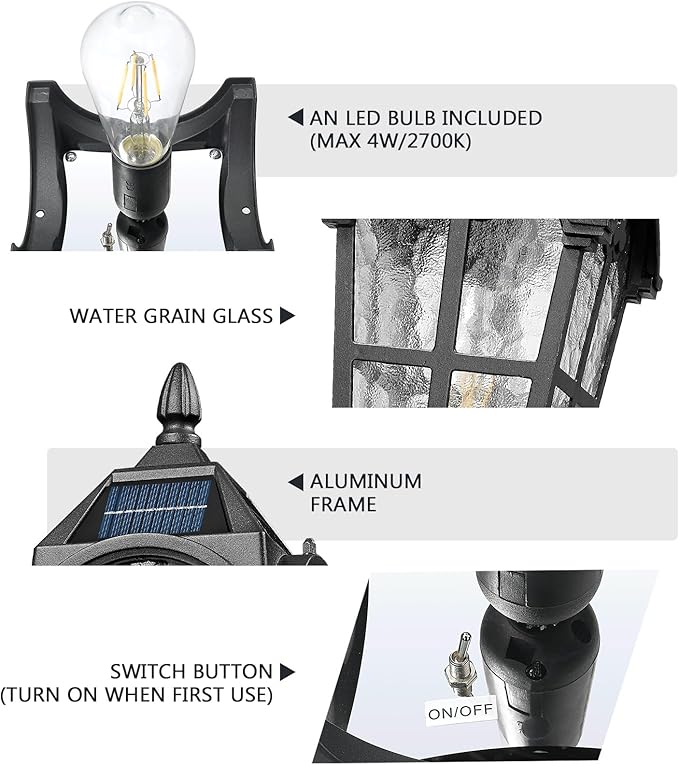 Emliviar 2 Pack Waterproof Solar Post Lamps in Black Finish for Pathway 17.3'' Dusk to Dawn Garden Patio Post Lights Includ LED Bulbs with Water Grain Glass Shade YXE302P-2PK SL BK