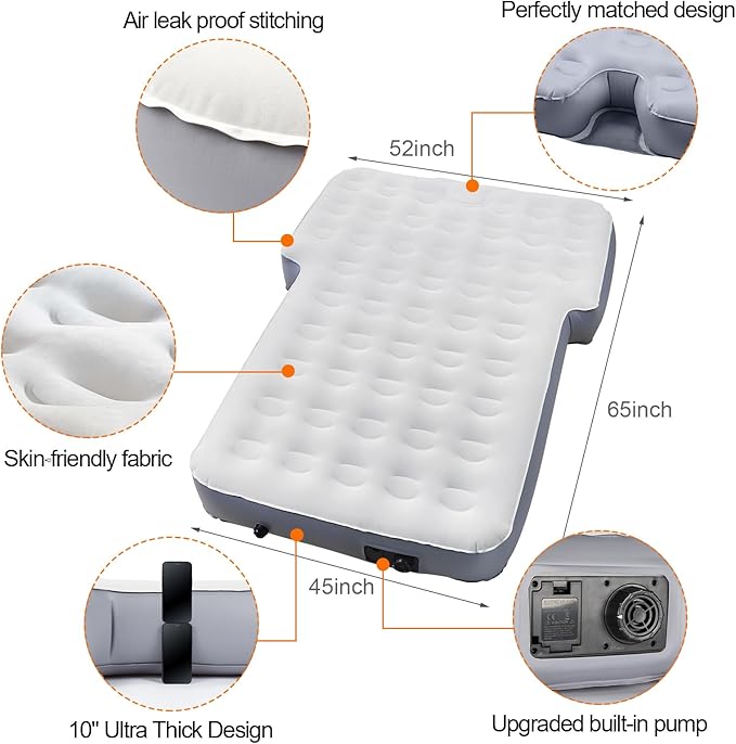 65''SUV Air Mattress Pad for SUV Trunk 10 Inch Ultra-Thick Inflatable Car Mattress SUV SUV Air Mattress Camping Bed with Built in Pump