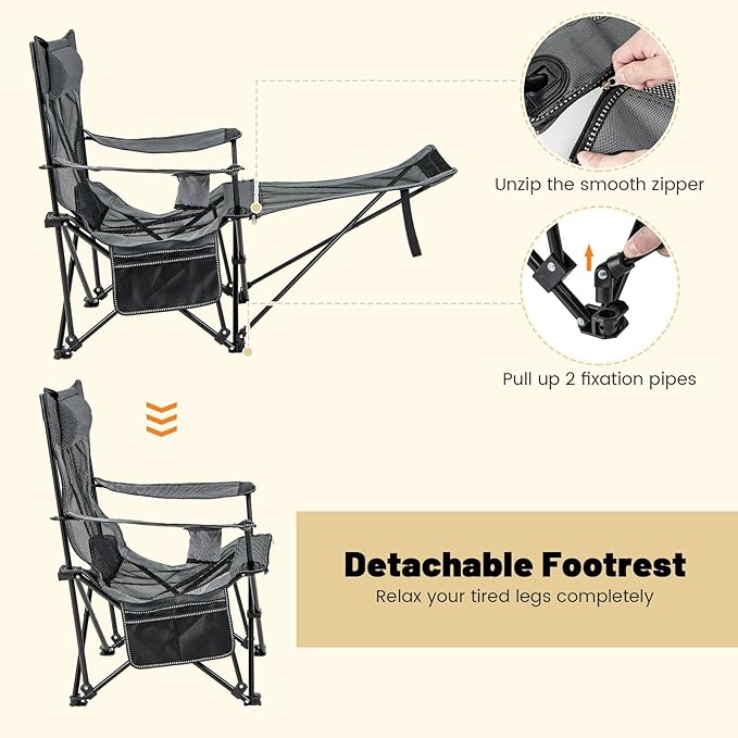 GYMAX Camping Chair Adjustable Reclining Lounge Chair w/Removable Footrest Padded Pillow Cup Holder &amp Side Pocket Folding Camping Mesh Chair w/Carry Bag for Outdoor Patio Lakeside (1 Grey)