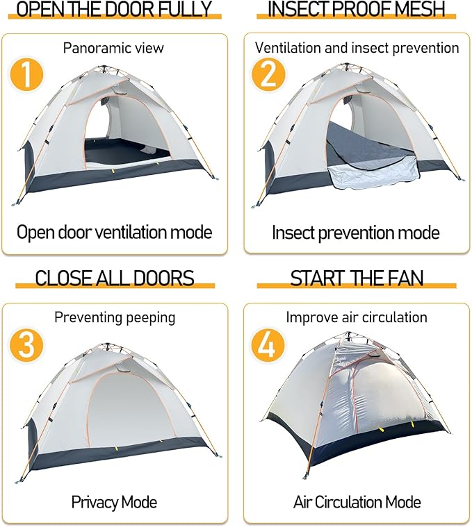 Instant Pop Up Tent for Camping - 2-3 Person Waterproof Tent with Air Circulation Fan UPF 50+ Sun Protection 60-Second Setup for Family and Backpacking