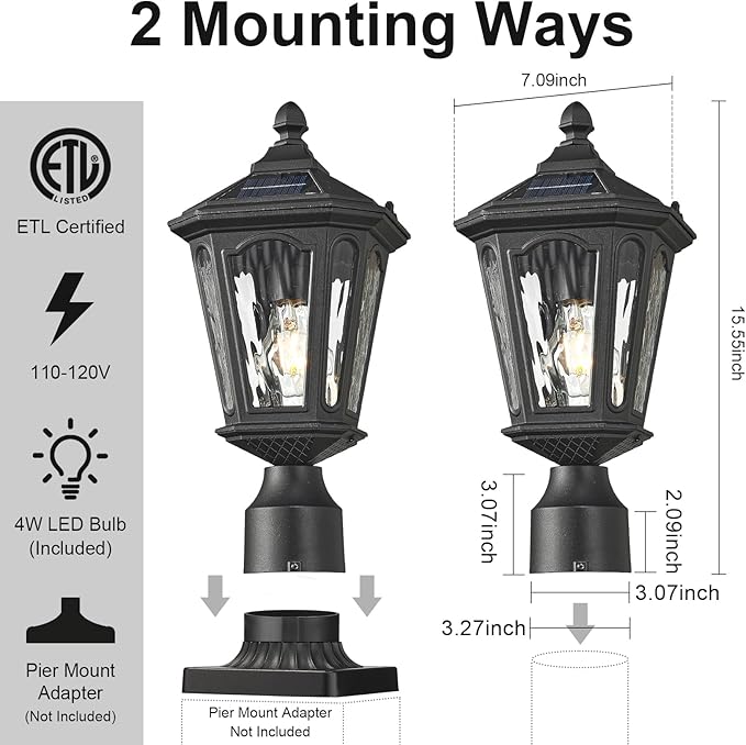 LED Post Solar Light Outdoor Dusk to Dawn Waterproof Pole Lighting with Remote Control Exterior Pillar Lantern 3 Lighting Modes Outside Solar Lamp for Patio Porch Garage Garden Pathway