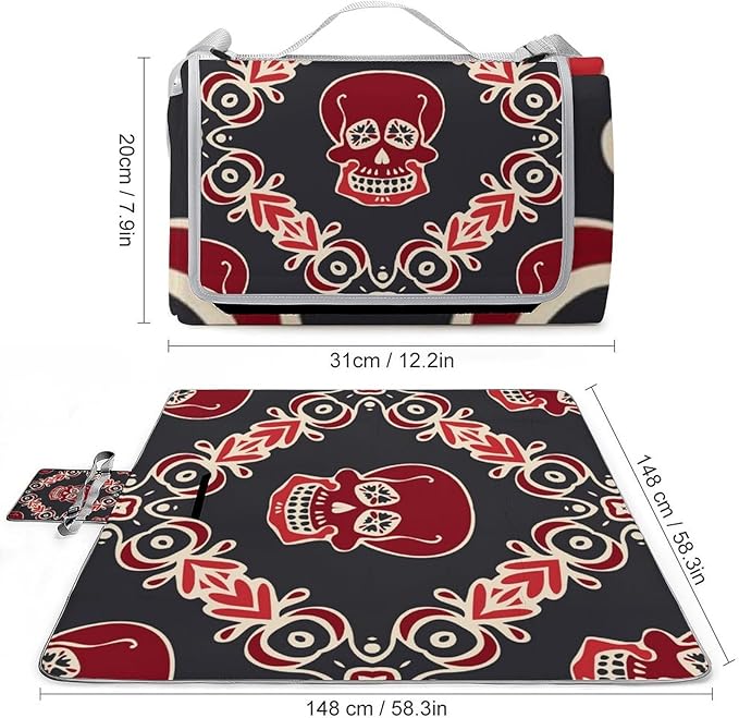Vintage Halloween Black Victorian Gothic Skull Damask Waterproof Outdoor Picnic Blanket Sandproof Beach Mat for Camping Hiking Grass Travelling