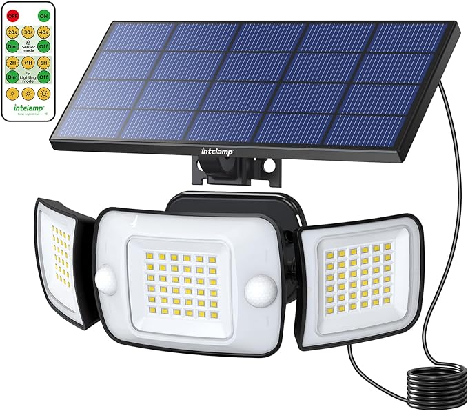intelamp Solar Lights Outdoor 3 Head Solar MotionSensor Lights for Outside lP65 WaterproofSeparate Panel with 9FT Cable RemoteControl Wall Lights